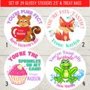  Personalized Kids Holiday / Valentines Day Party Stickers & Treat Bags 