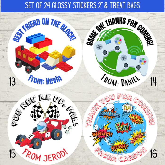 Personalized Boys Birthday Party Stickers & Treat Bags