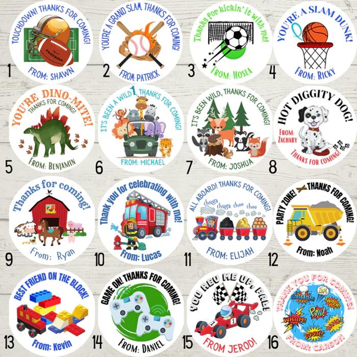 Personalized Boys Birthday Party Stickers & Treat Bags