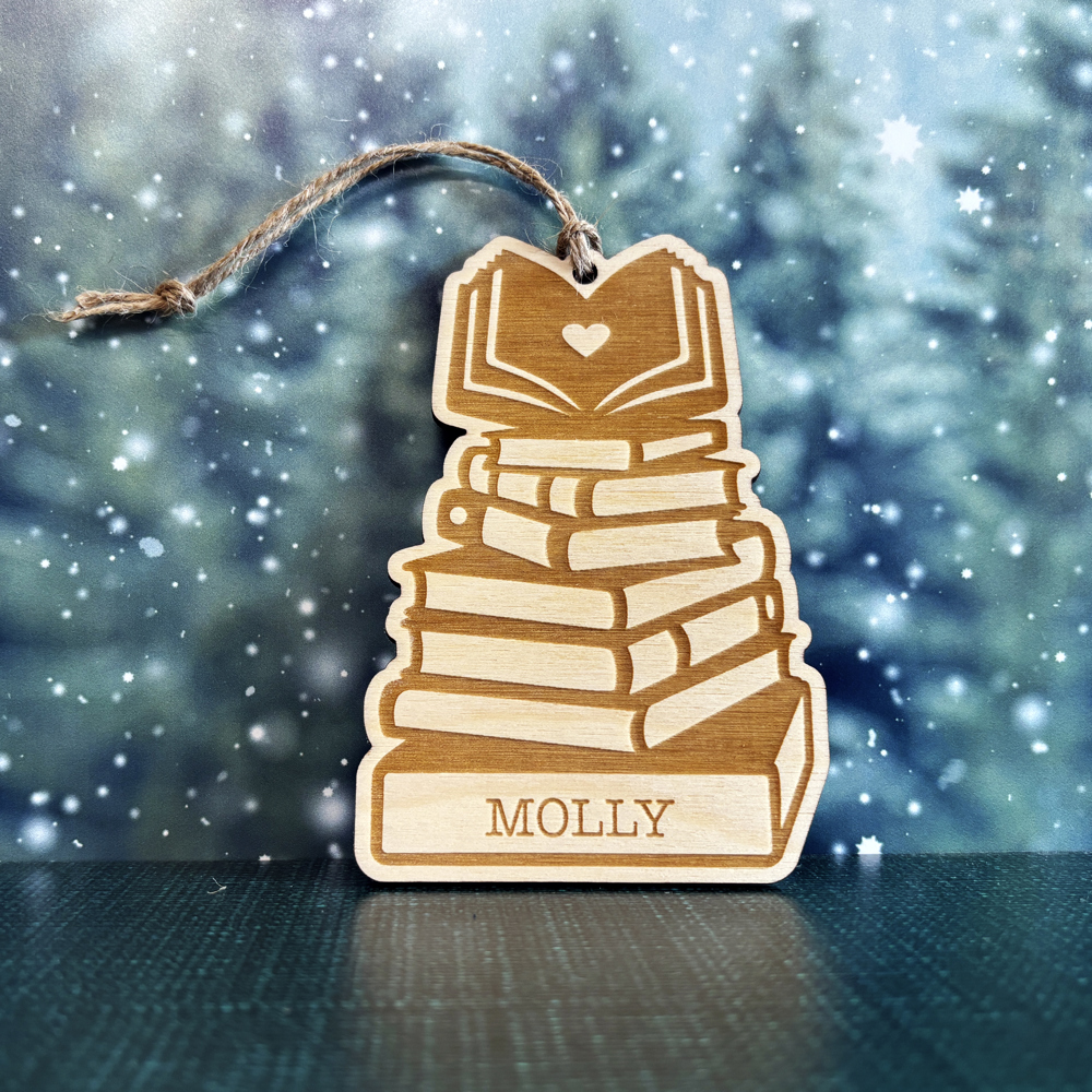 Book Pile Personalized Wood Christmas Ornament