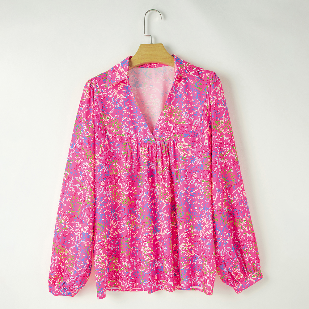 Bonbon Abstract Print Collared V Neck Babydoll Blouse