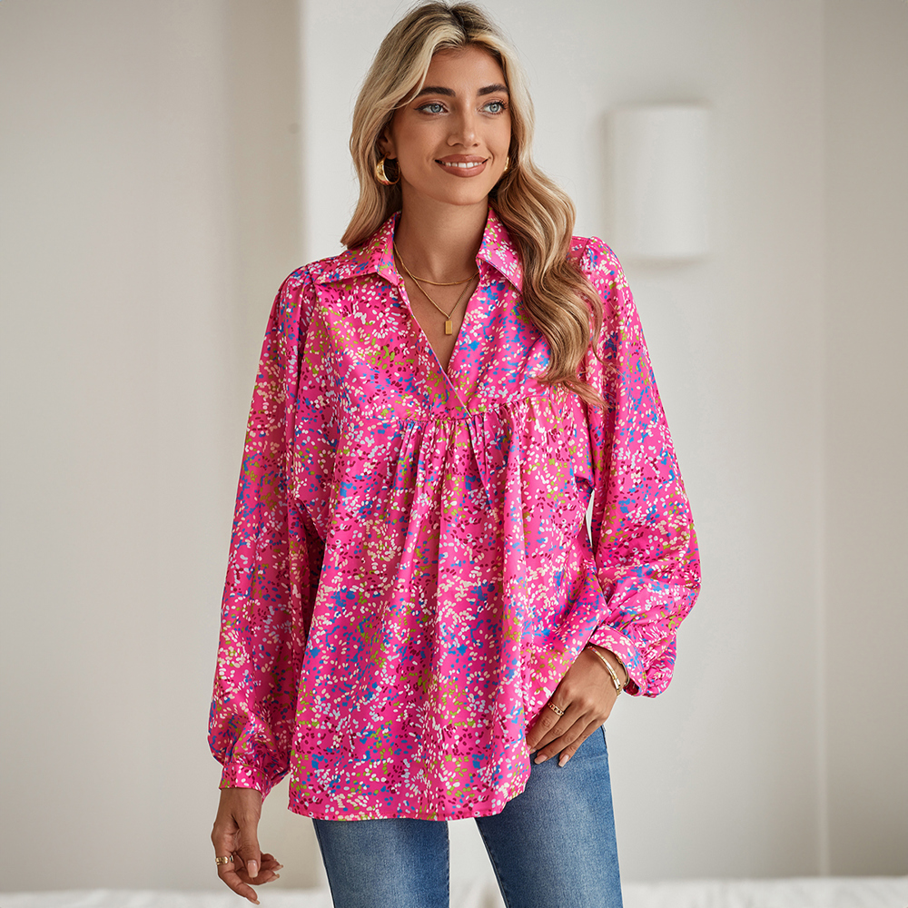 Bonbon Abstract Print Collared V Neck Babydoll Blouse