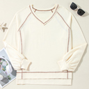  Beige Exposed Seam Textured Knit V Neck Pullover Top