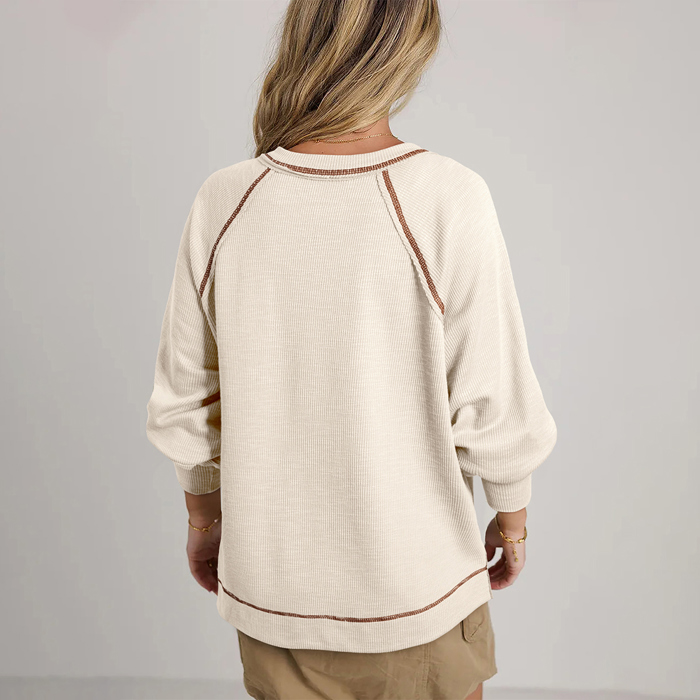 Beige Exposed Seam Textured Knit V Neck Pullover Top