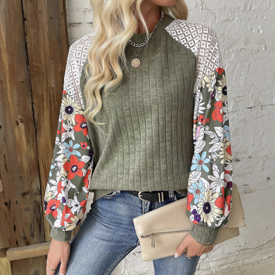 Floral Patchwork Long Sleeve Ribbed Blouse