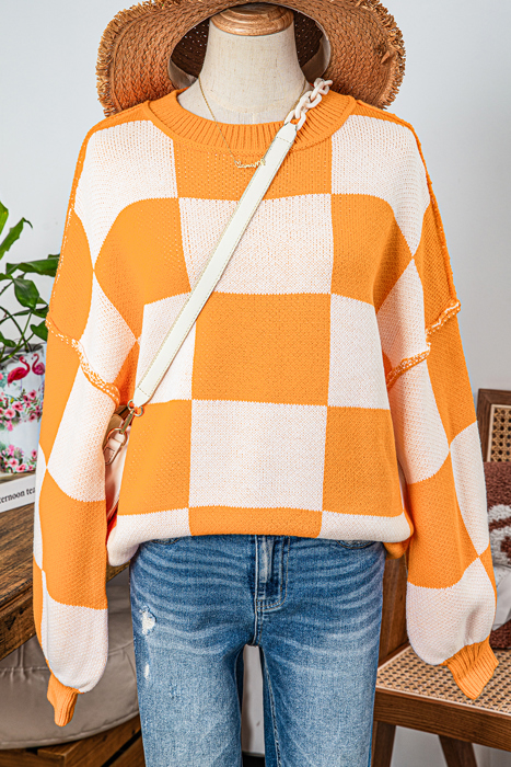 Long Sleeve Checkered Bishop Sleeve Sweater for women