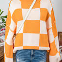 Small Orange Long Sleeve Checkered Bishop Sleeve Sweater for women