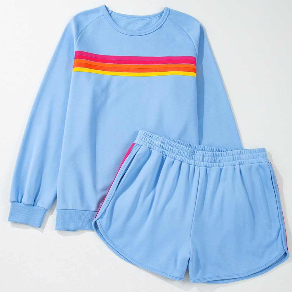 Striped Accent Pullover and Shorts Two Piece Casual Set