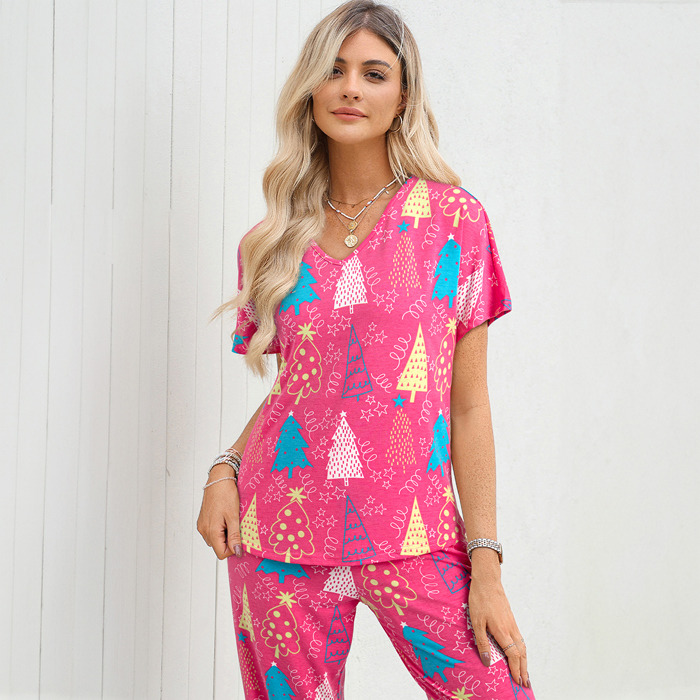 Christmas Tree Print V Neck Tee and Pants Lounge Set