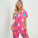  Christmas Tree Print V Neck Tee and Pants Lounge Set