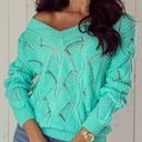  Hollow Out Knit V Neck Drop Shoulder Sweater