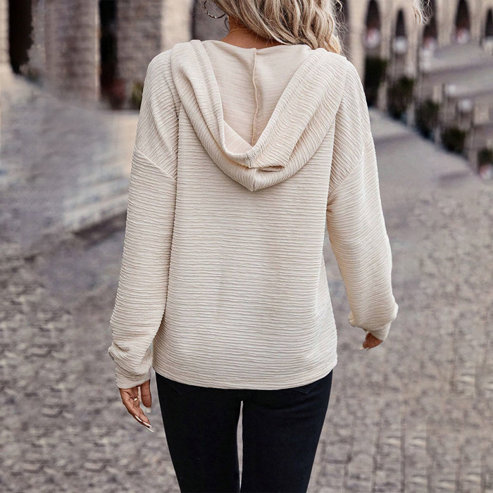 Apricot Solid Textured Drawstring Henley Hoodie