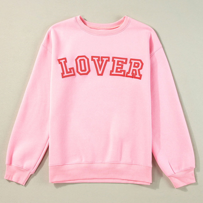 Pink LOVER Puff Print Drop Shoulder Pullover Sweatshirt