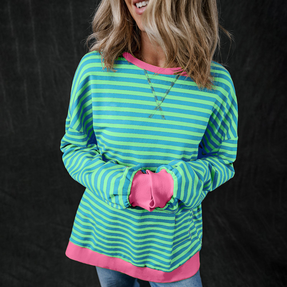 Stripe Oversized Contrast Trim Pullover Sweatshirt