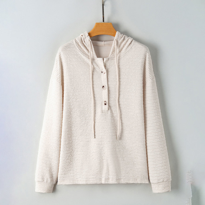 Apricot Solid Textured Drawstring Henley Hoodie