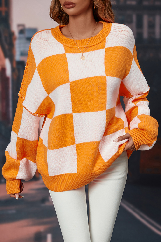 Long Sleeve Checkered Bishop Sleeve Sweater for women