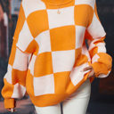 Small Orange Long Sleeve Checkered Bishop Sleeve Sweater for women