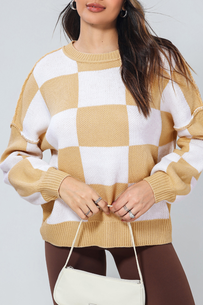 Long Sleeve Checkered Bishop Sleeve Sweater for women