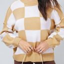 Large Beige Long Sleeve Checkered Bishop Sleeve Sweater for women