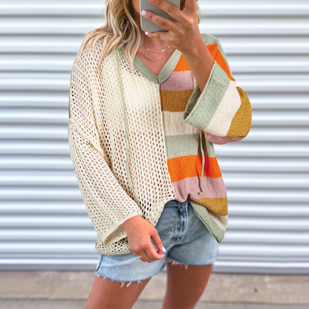 Beige Oversized Colorblock V Neck Hooded Sweater