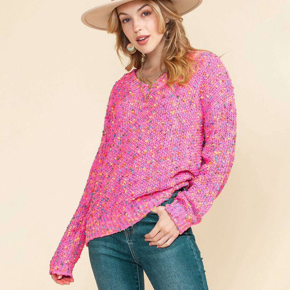 Pink Colorful Spots Knitted V Neck Casual Sweater