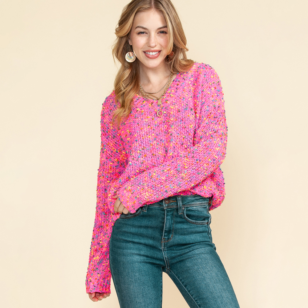 Pink Colorful Spots Knitted V Neck Casual Sweater