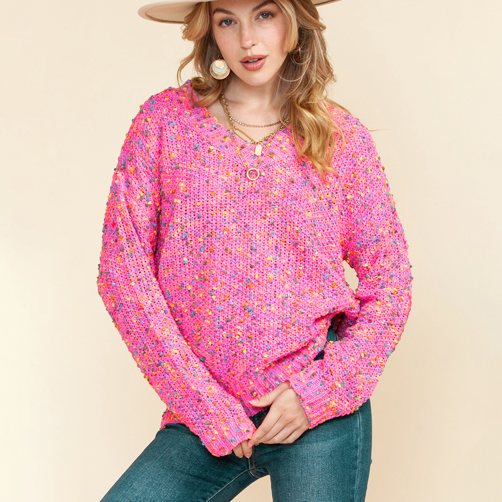 Pink Colorful Spots Knitted V Neck Casual Sweater