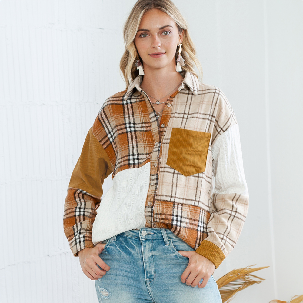 Orange Plaid Color Block Patchwork Jacket