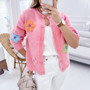  Pink Cute Knitted Floral Pattern Button Up Cardigan