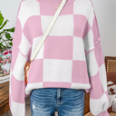 Large Pink Long Sleeve Checkered Bishop Sleeve Sweater for women