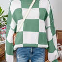 Large Green Long Sleeve Checkered Bishop Sleeve Sweater for women