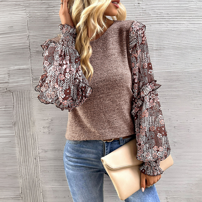 Ruffle Tiered Floral Sleeve Crew Neck Blouse