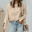  Solid Textured Knit Split Cuff Drop Shoulder Loose Sweater