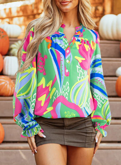 Abstract Print Ruffled Sleeve Buttoned V Neck Blouse