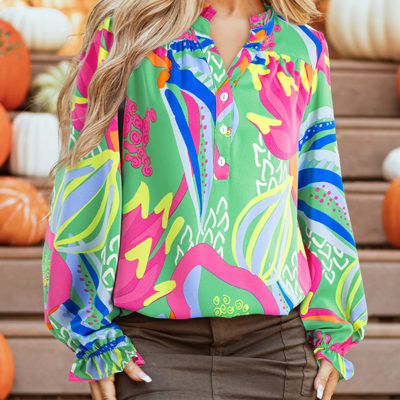 Abstract Print Ruffled Sleeve Buttoned V Neck Blouse