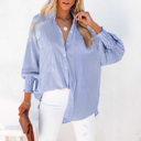  Smocked Cuffed Striped Boyfriend Shirt with Pocket