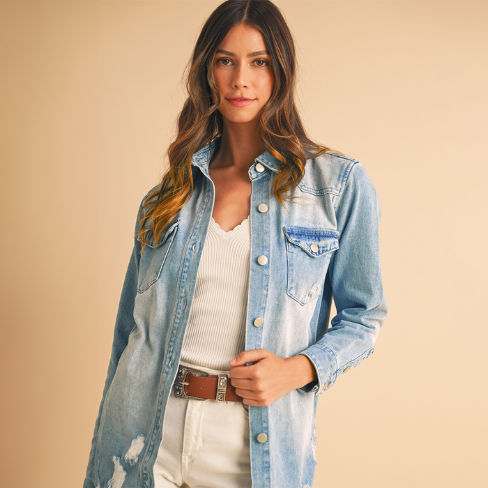 Mineral Wash Distressed Frayed Long Denim Jacket