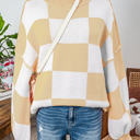 Large Beige Long Sleeve Checkered Bishop Sleeve Sweater for women