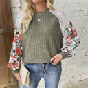  Floral Patchwork Long Sleeve Ribbed Blouse