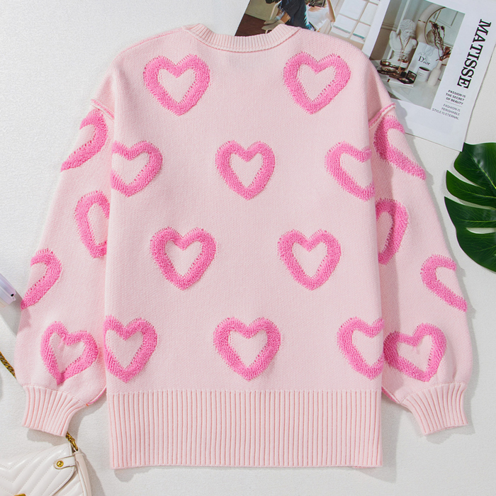 Pink Heart Shape Bubble Sleeve Baggy Sweater