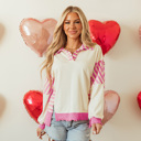  Pink Stripe Colorblock Patchwork Collared French Terry Knit Top