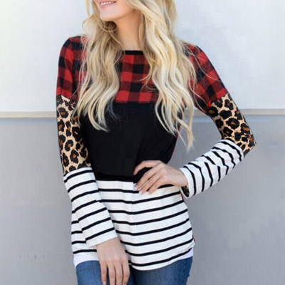 Plaid Print Leopard Splicing Striped Color Block Long Sleeve Top