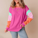 Large Pink Colorblock Patchwork Long Sleeve Loose Top