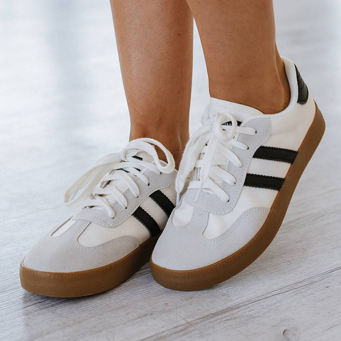 White Striped Lace-up Flat Sneakers