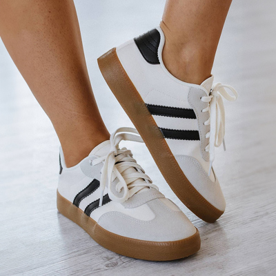 White Striped Lace-up Flat Sneakers