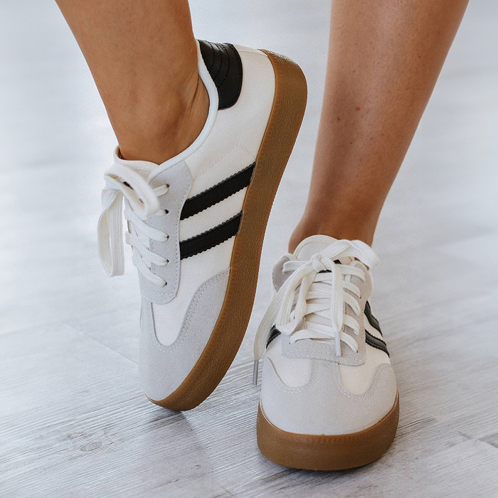 White Striped Lace-up Flat Sneakers