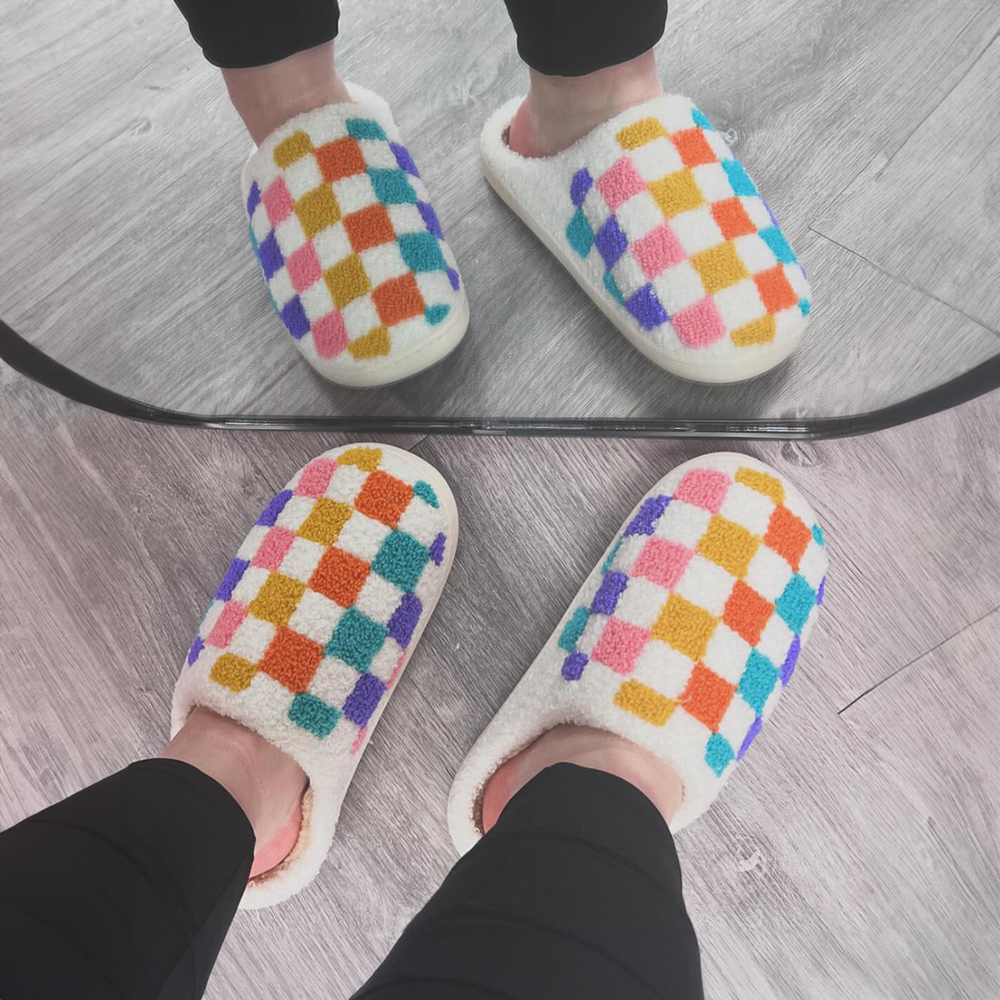 White Vibrant Checkered Plush Thermal Slippers