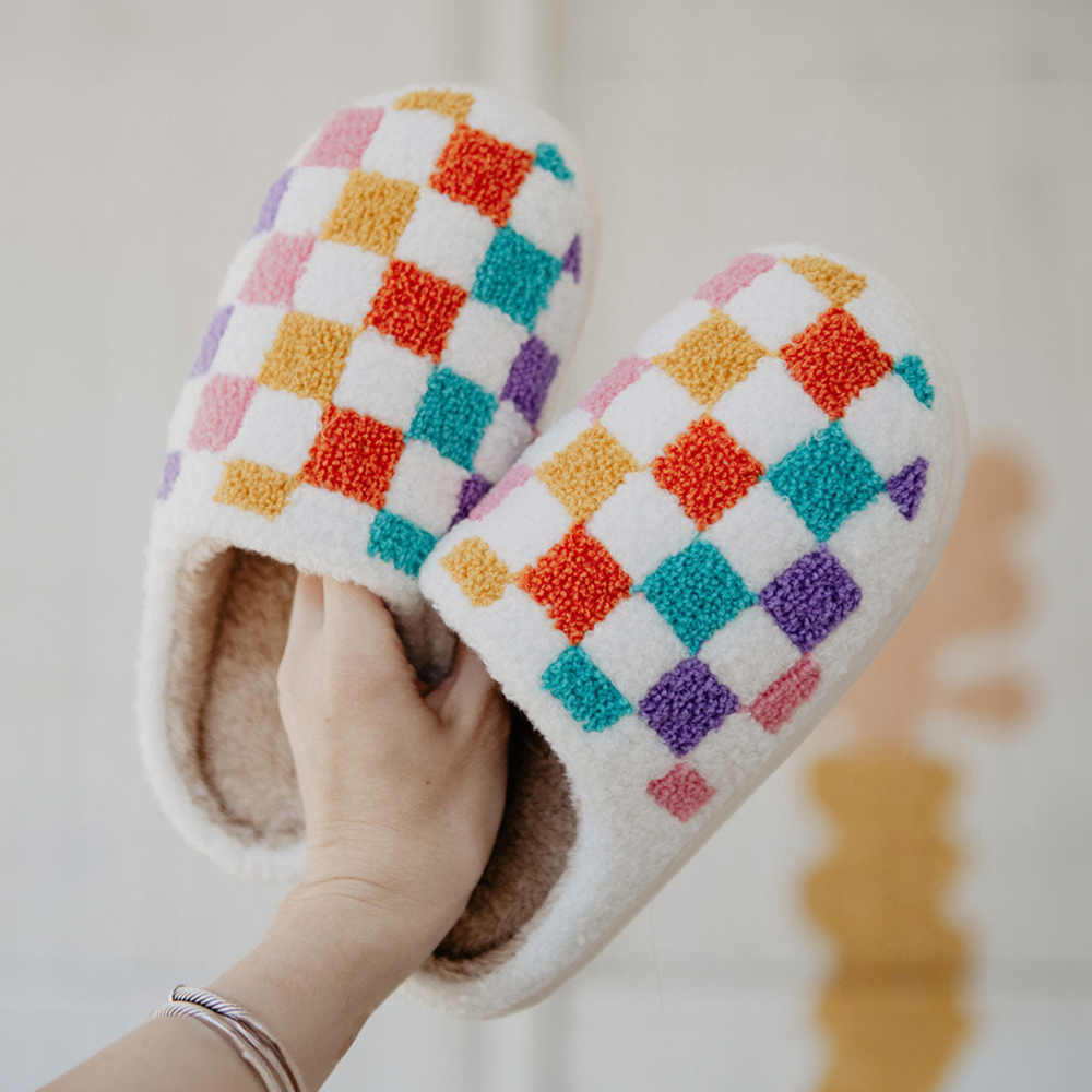 White Vibrant Checkered Plush Thermal Slippers