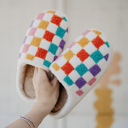  White Vibrant Checkered Plush Thermal Slippers