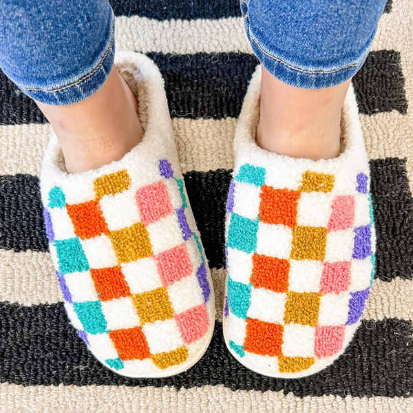 White Vibrant Checkered Plush Thermal Slippers